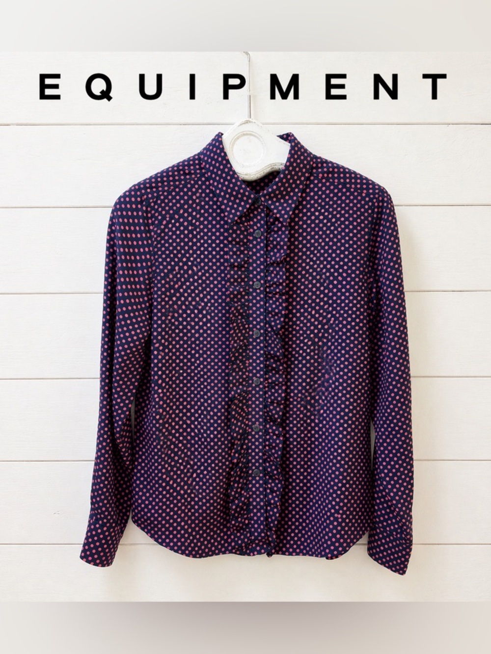 EQUIPMENT Navy & Pink Red Polka Dot Silk Blouse Size M